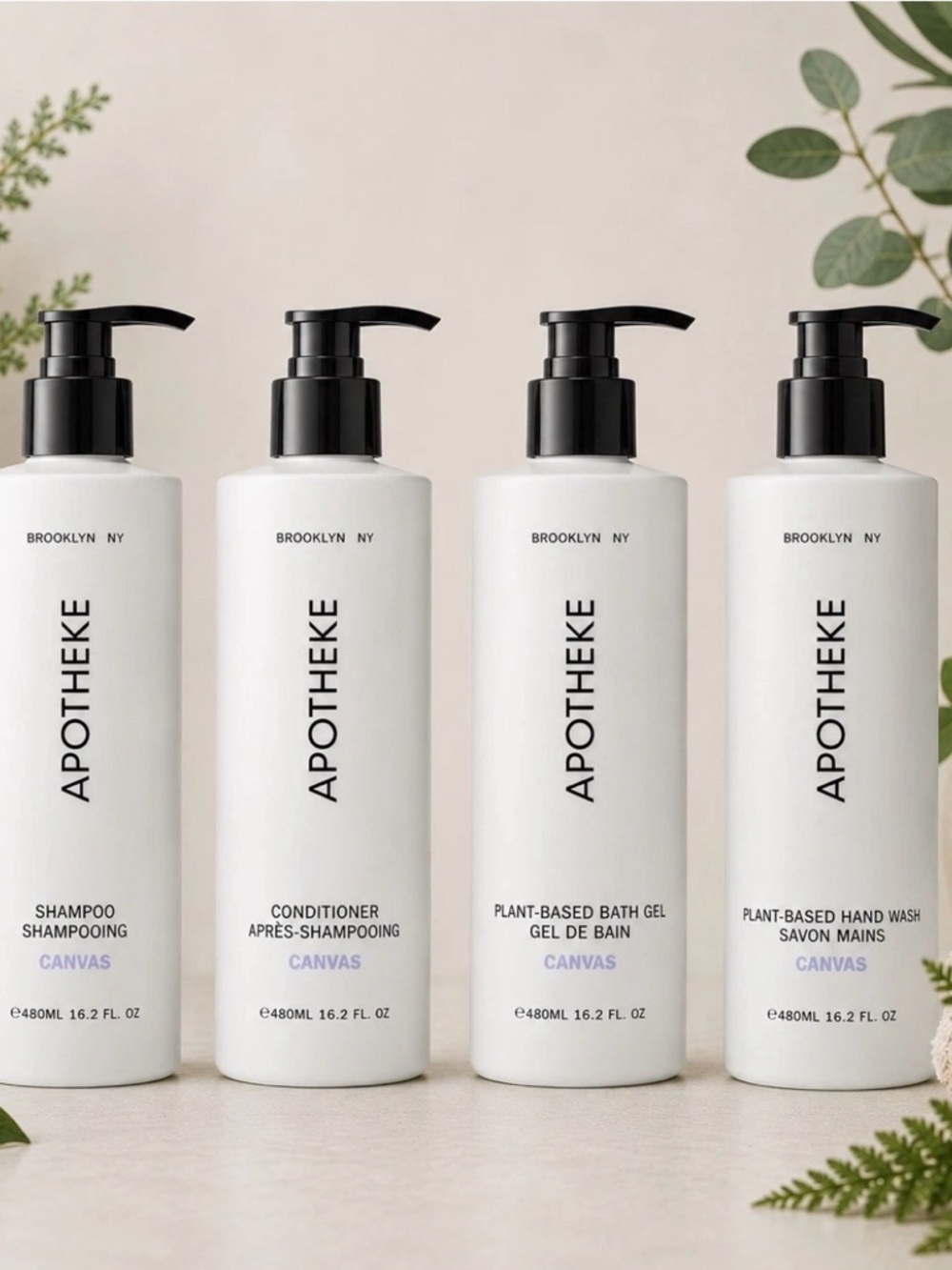 APOTHEKE Canvas Plant-Based Shampoo, Conditioner, Body Wash & Hand Soap set of 4